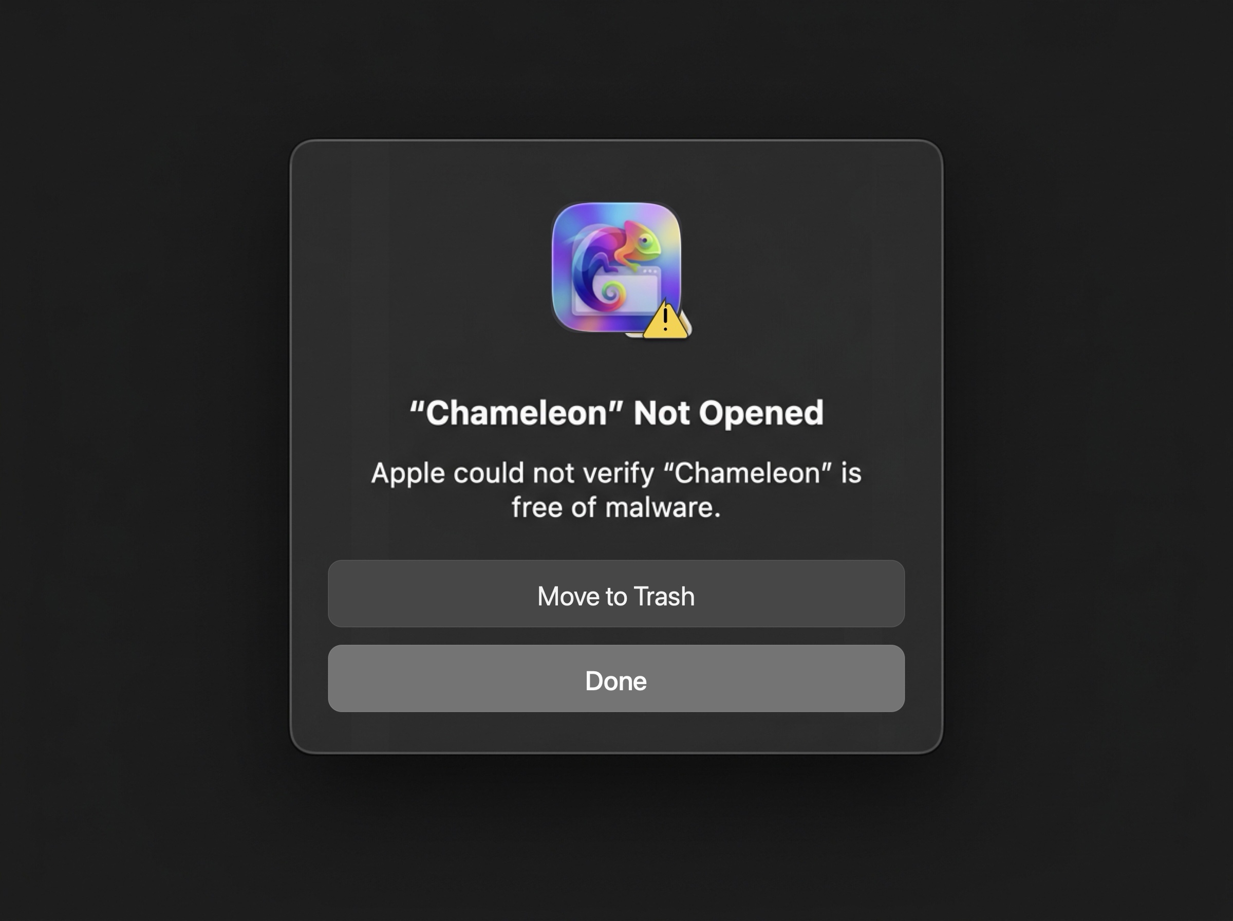 macOS Gatekeeper Chameleon Not Opened Dialog