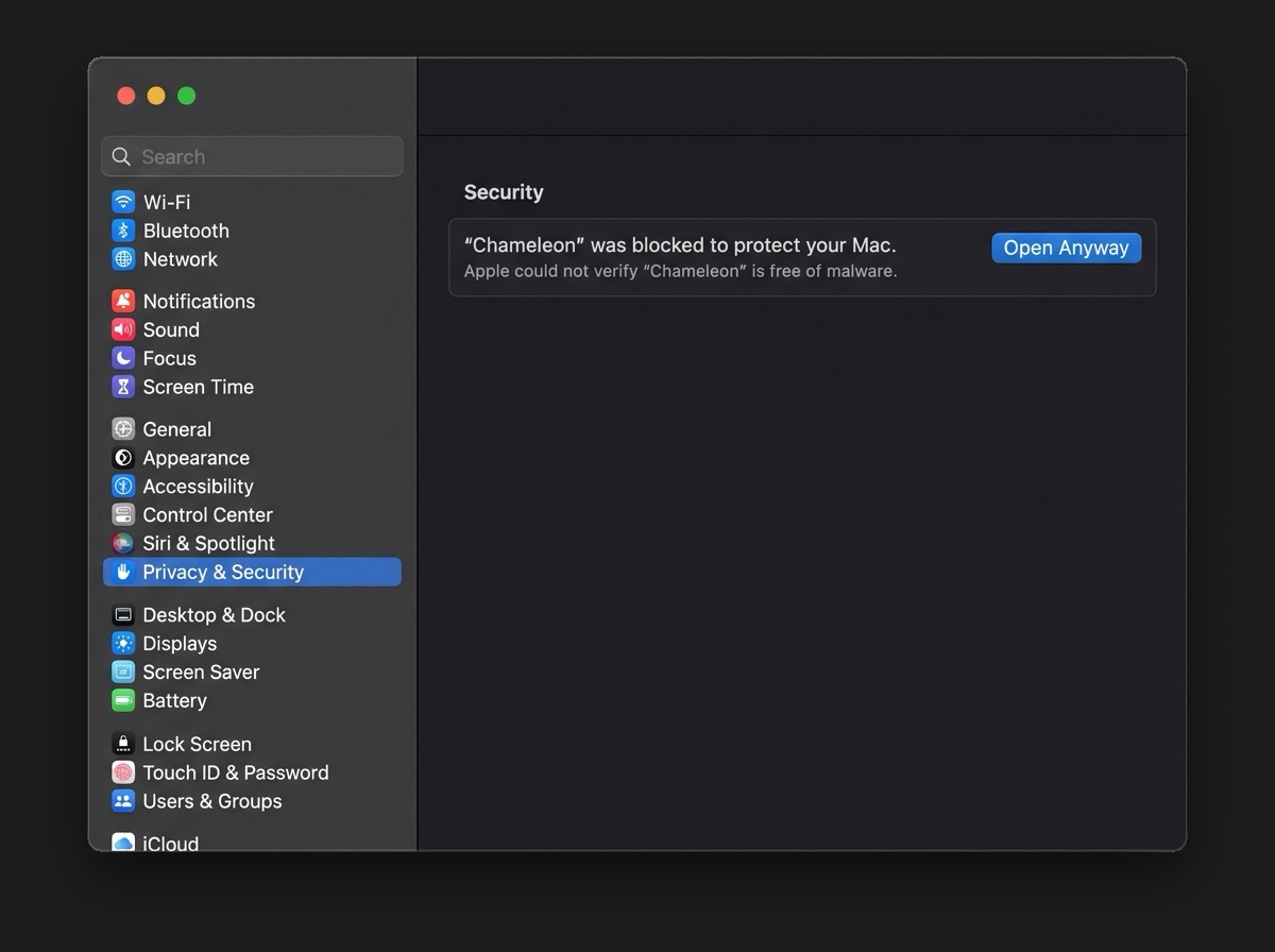 macOS System Settings Privacy and Security Open Anyway